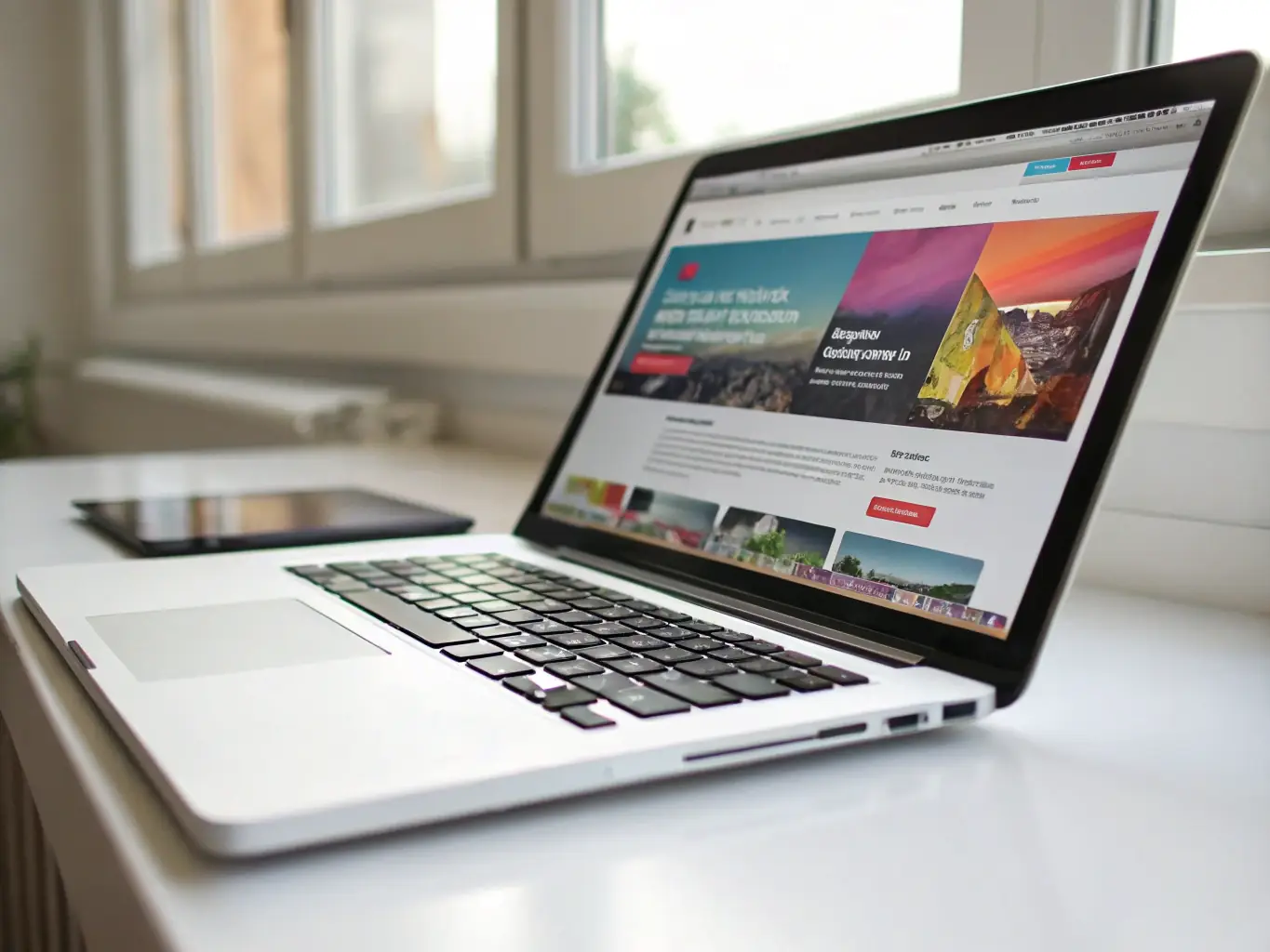 A clean, optimized website template displayed on a laptop screen, showcasing fast loading speeds and SEO-friendly code. The image emphasizes the technical aspects of SEO optimization.